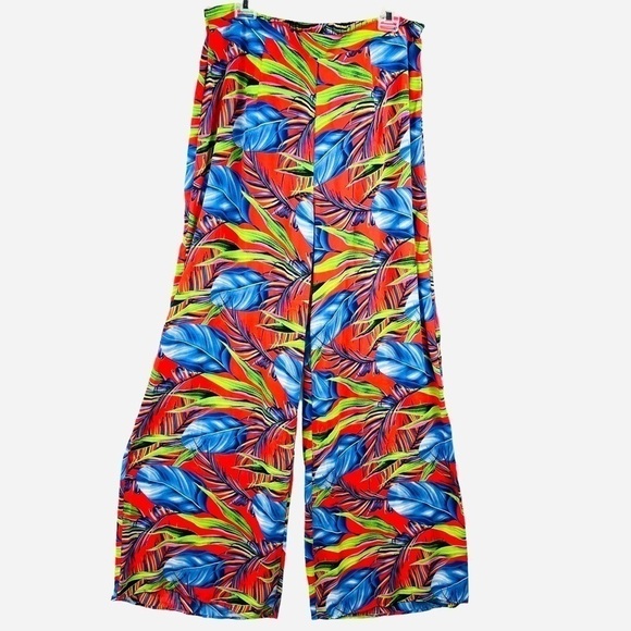 New-shop17 Two Pc Set Tropical Multi color, Ruffled Top Wide Leg Neck Tie Pants - Picture 5 of 16